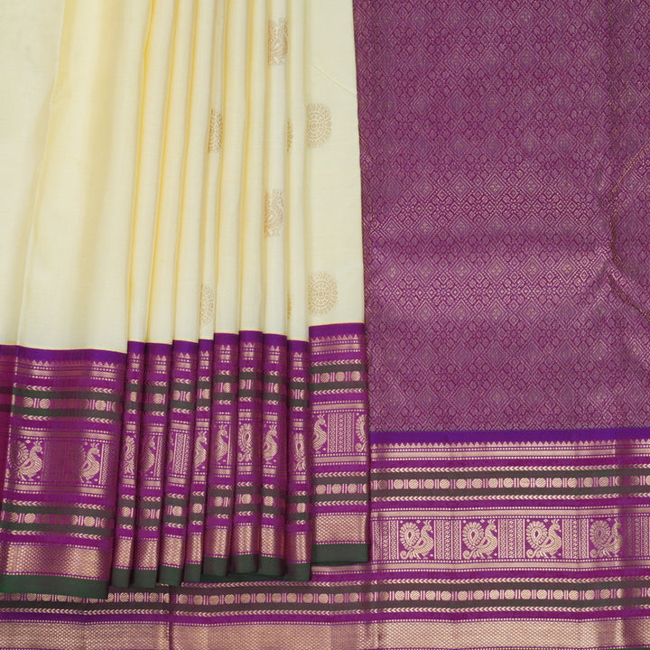 Hayagrivas Handloom Half-White Kanjivaram Silk Saree with Purple Border KBF492F5-1