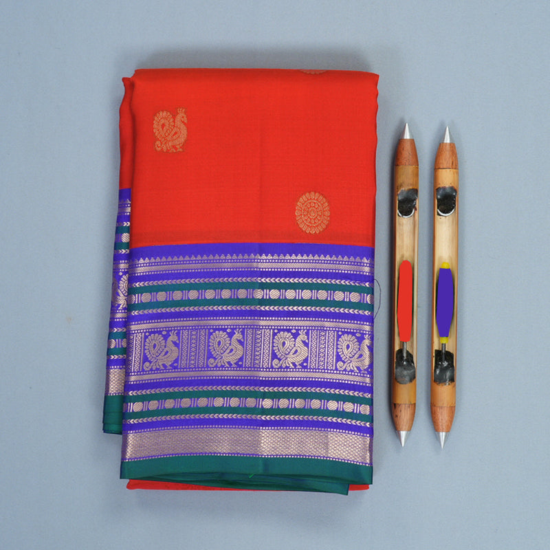 Hayagrivas Handloom Red Kanjivaram Silk Saree with Purplish-Blue Border KBF492F5-3