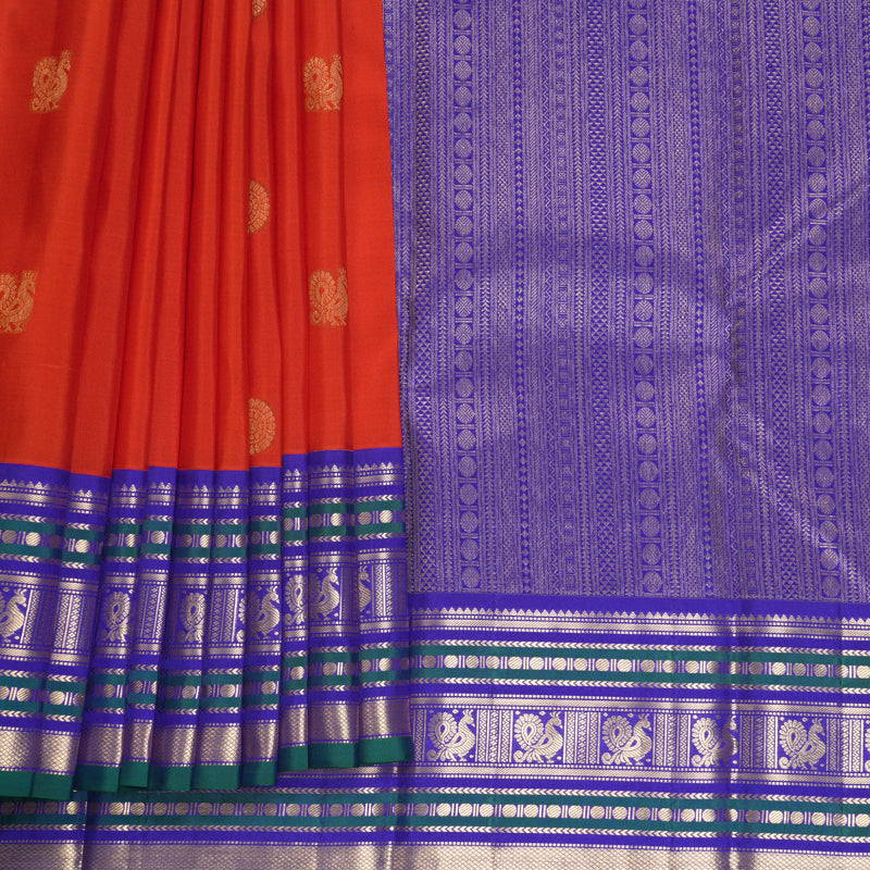 Hayagrivas Handloom Red Kanjivaram Silk Saree with Purplish-Blue Border KBF492F5-3
