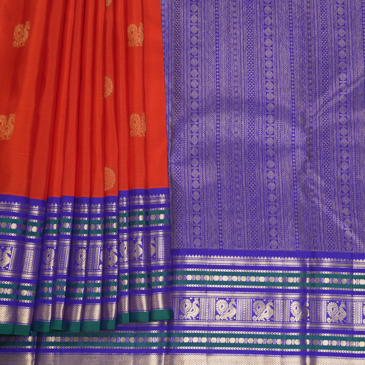 Hayagrivas Handloom Red Kanjivaram Silk Saree with Purplish-Blue Border KBF492F5-3