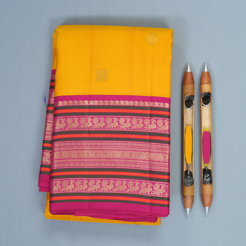 Hayagrivas Handloom Yellow Kanjivaram Silk Saree with Pink Border KBF492F5-5