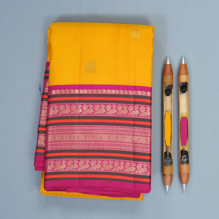 Hayagrivas Handloom Yellow Kanjivaram Silk Saree with Pink Border KBF492F5-5