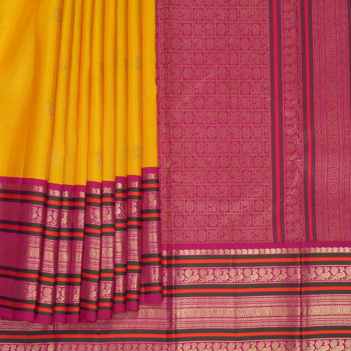 Hayagrivas Handloom Yellow Kanjivaram Silk Saree with Pink Border KBF492F5-5