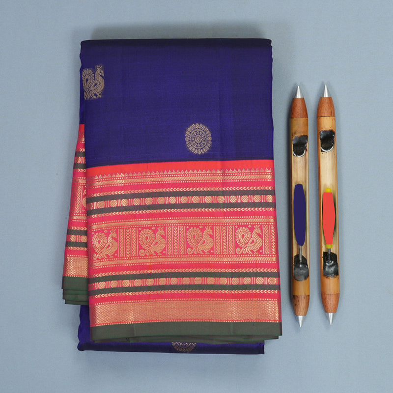 Hayagrivas Handloom MS Blue Kanjivaram Silk Saree with Orangish-Pink Border KBF492F5-6