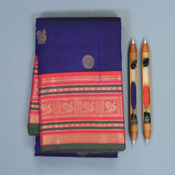 Hayagrivas Handloom MS Blue Kanjivaram Silk Saree with Orangish-Pink Border KBF492F5-6