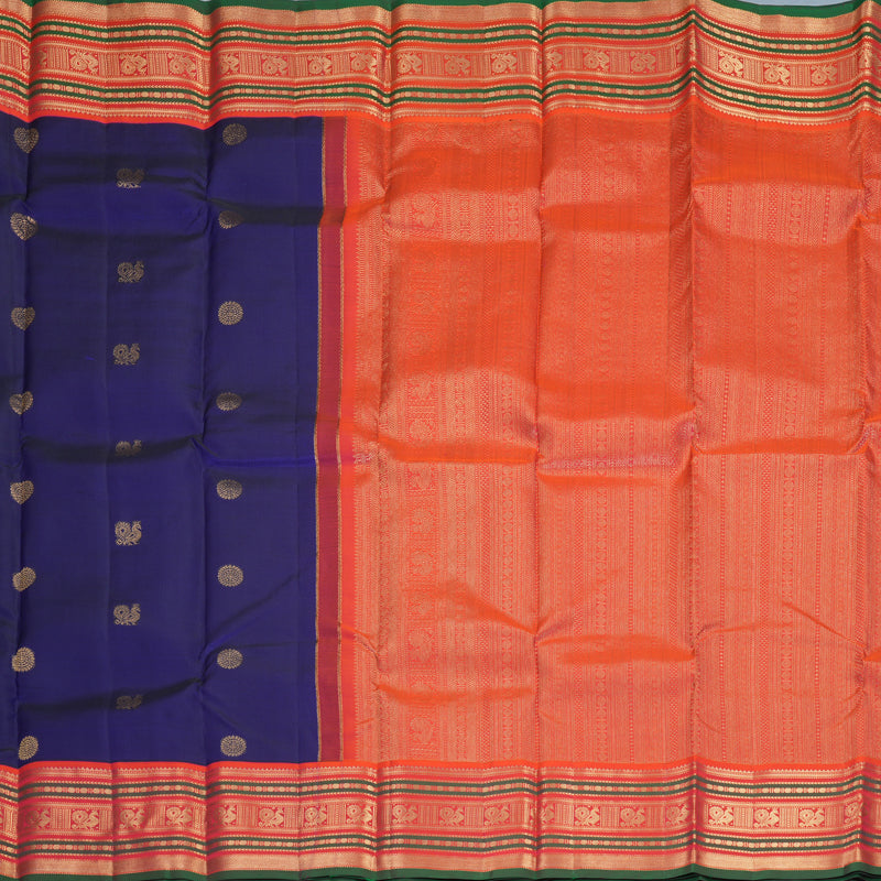 Hayagrivas Handloom MS Blue Kanjivaram Silk Saree with Orangish-Pink Border KBF492F5-6