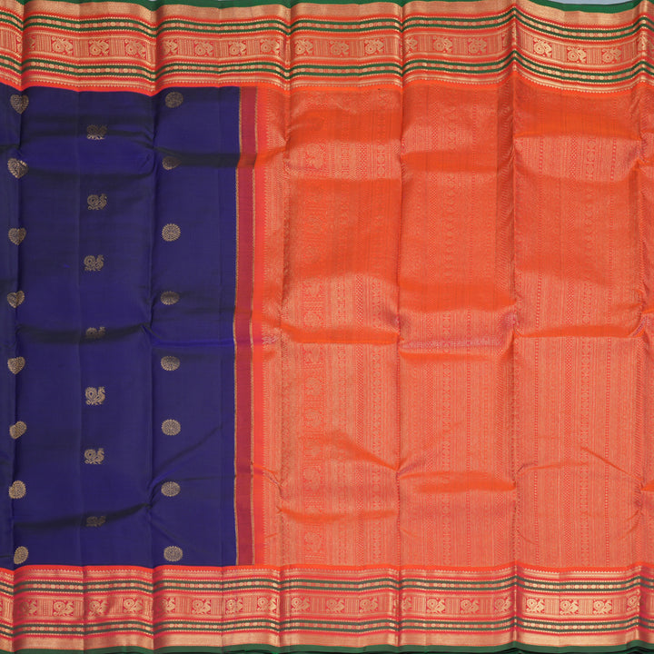 Hayagrivas Handloom MS Blue Kanjivaram Silk Saree with Orangish-Pink Border KBF492F5-6