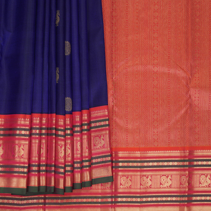 Hayagrivas Handloom MS Blue Kanjivaram Silk Saree with Orangish-Pink Border KBF492F5-6