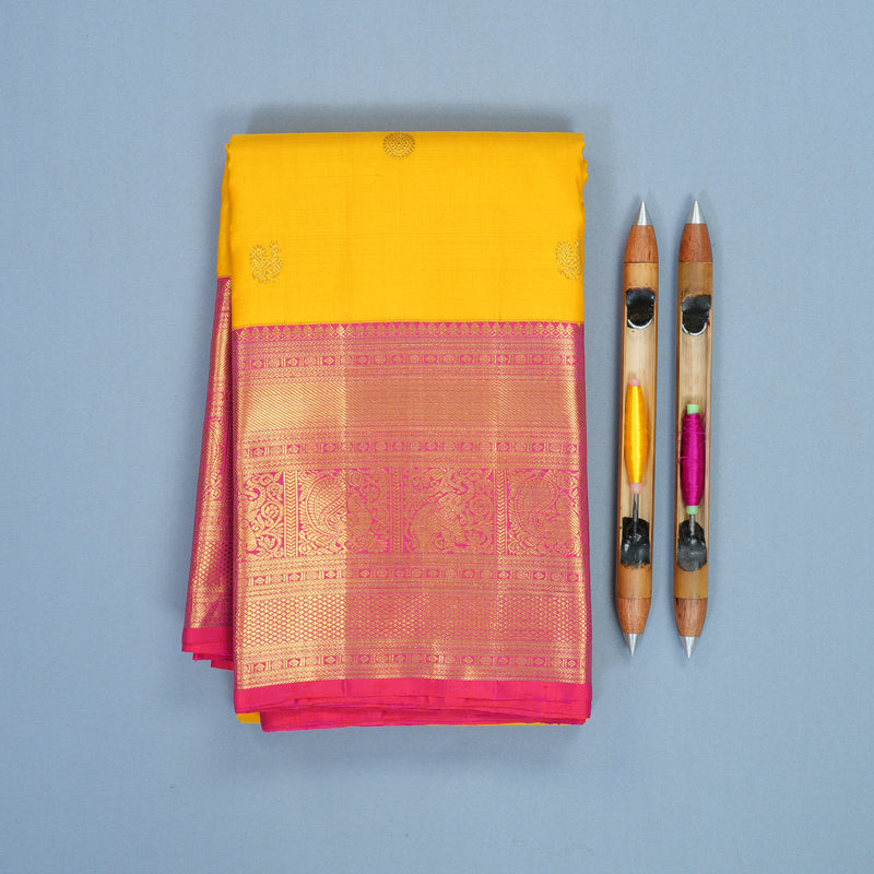Hayagrivas Handloom Yellow Kanjivaram Silk Saree with Pink Border KBF495F1-1