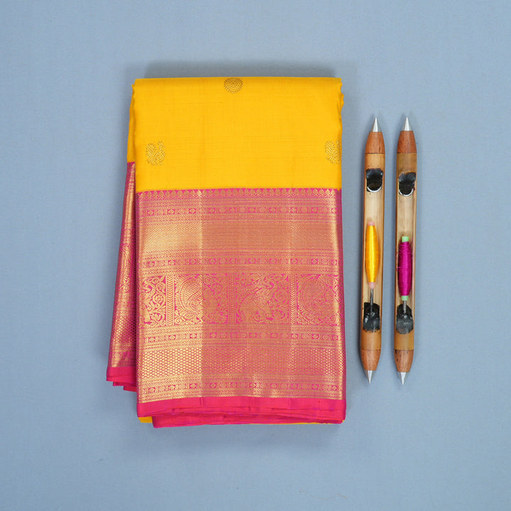Hayagrivas Handloom Yellow Kanjivaram Silk Saree with Pink Border KBF495F1-1