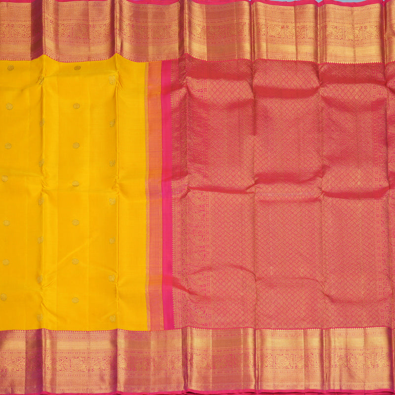 Hayagrivas Handloom Yellow Kanjivaram Silk Saree with Pink Border KBF495F1-1