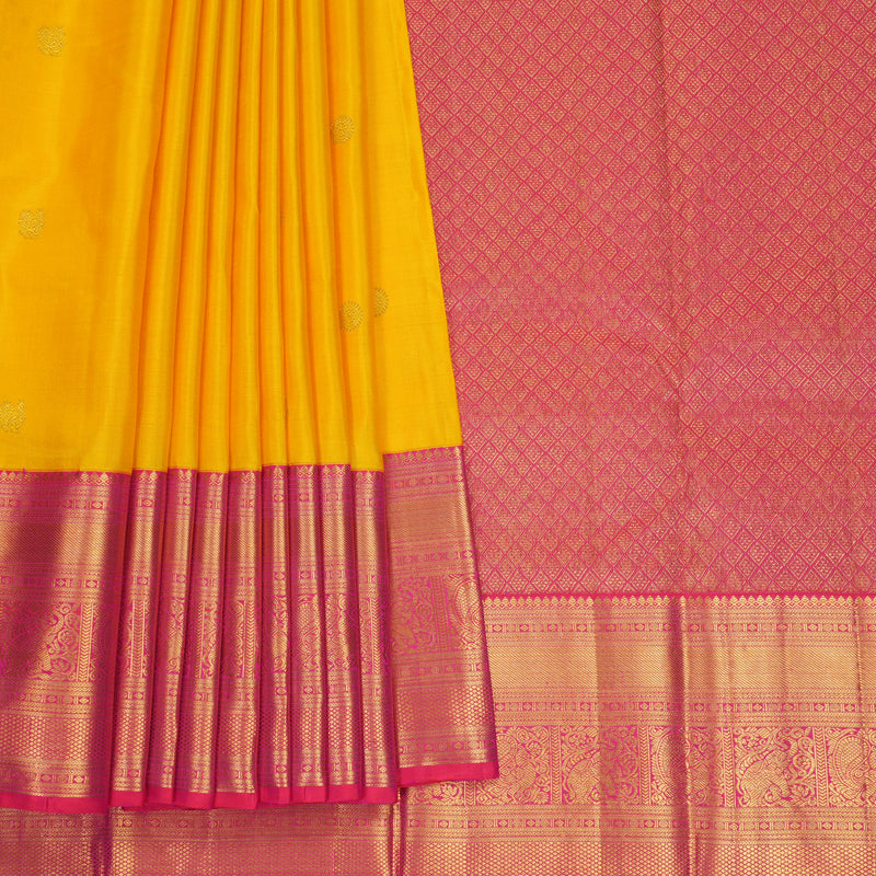 Hayagrivas Handloom Yellow Kanjivaram Silk Saree with Pink Border KBF495F1-1