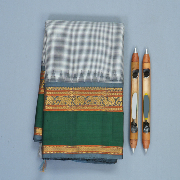Hayagrivas Handloom Black &amp; White (Kasa Kasa Kattam) Kanjivaram Silk Saree with Bottle Green Border KBF497F12-1