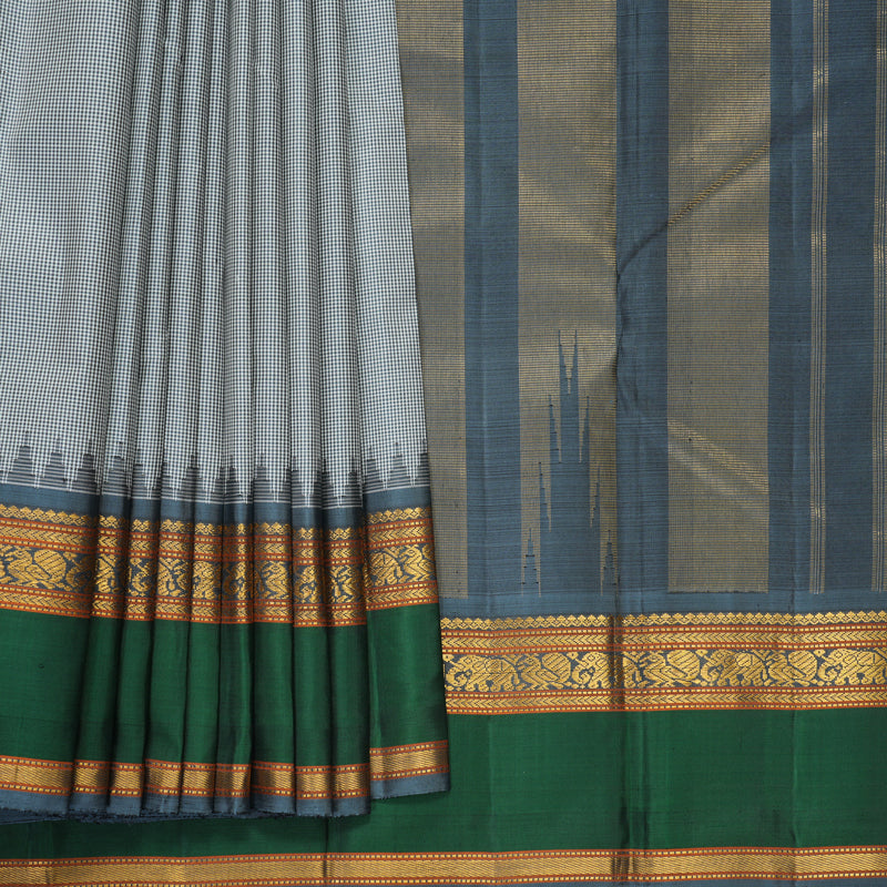 Hayagrivas Handloom Black &amp; White (Kasa Kasa Kattam) Kanjivaram Silk Saree with Bottle Green Border KBF497F12-1