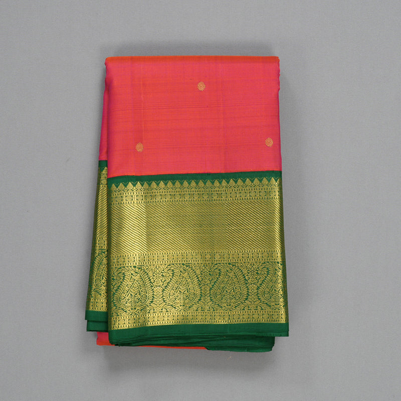 Hayagrivas Handloom Orangish-Pink Kanjivaram Silk Saree with Bottle Green Border KBF498F1-3