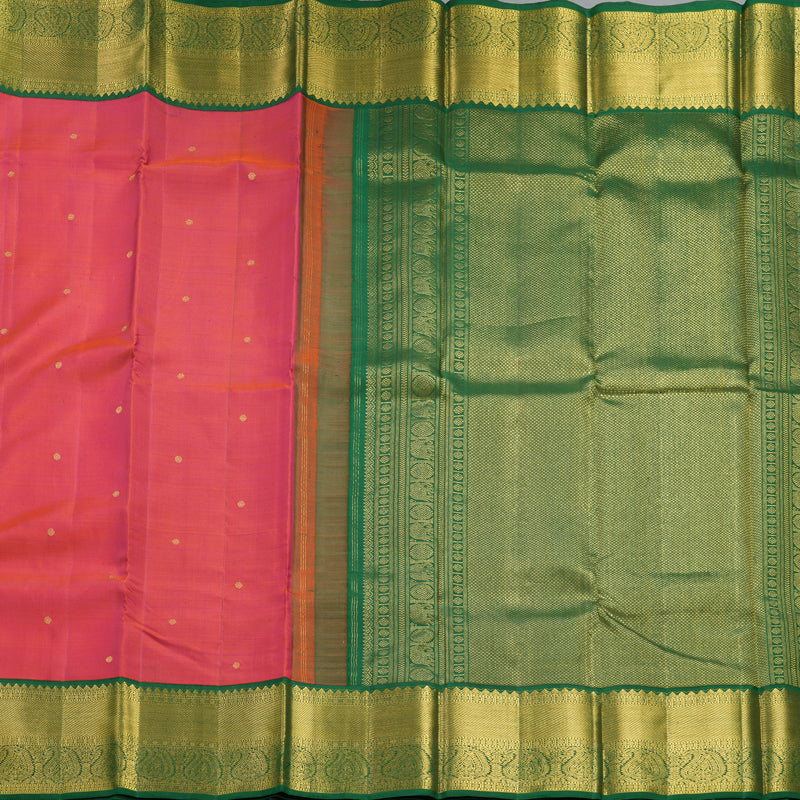 Hayagrivas Handloom Orangish-Pink Kanjivaram Silk Saree with Bottle Green Border KBF498F1-3