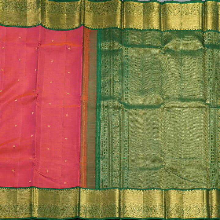 Hayagrivas Handloom Orangish-Pink Kanjivaram Silk Saree with Bottle Green Border KBF498F1-3