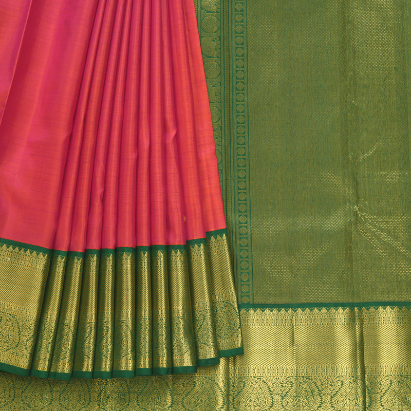 Hayagrivas Handloom Orangish-Pink Kanjivaram Silk Saree with Bottle Green Border KBF498F1-3