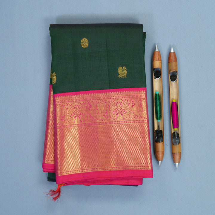 Hayagrivas Handloom Bottle Green Kanjivaram Silk Saree with Rani Pink Border KBF498F1-5