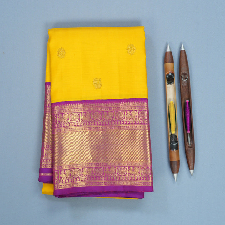 Hayagrivas Handloom Yellow Kanjivaram Silk Saree with Purple Border KBF498F1-6