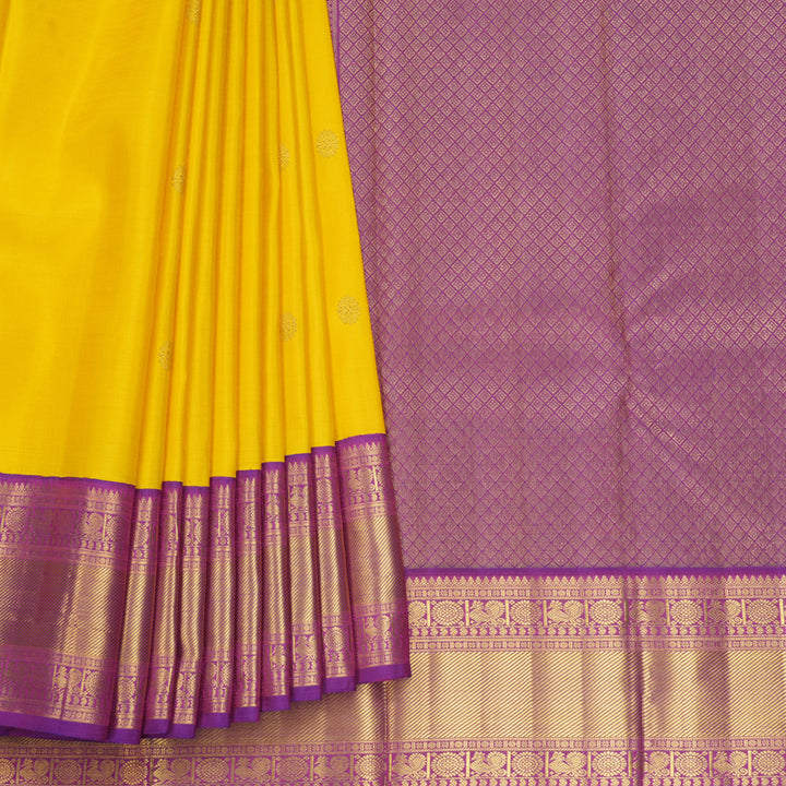 Hayagrivas Handloom Yellow Kanjivaram Silk Saree with Purple Border KBF498F1-6