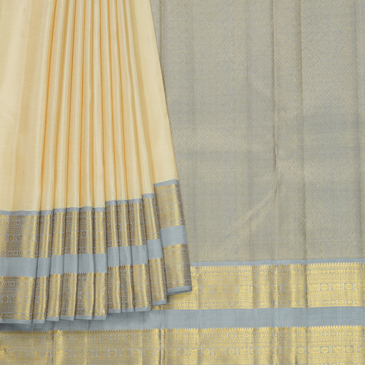 Hayagrivas Handloom Half-White Kanjivaram Silk Saree with Grey Border KBF498F2-1