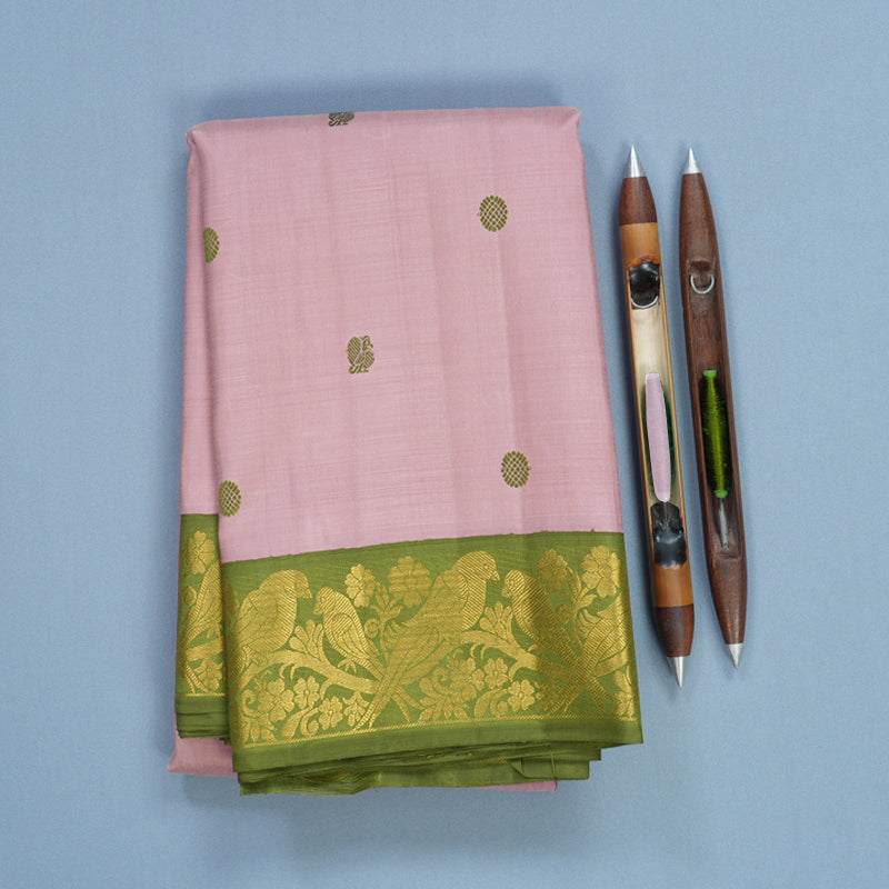 Hayagrivas Handloom Onion Pink Kanjivaram Silk Saree with Olive Green Border KBF498F3-1