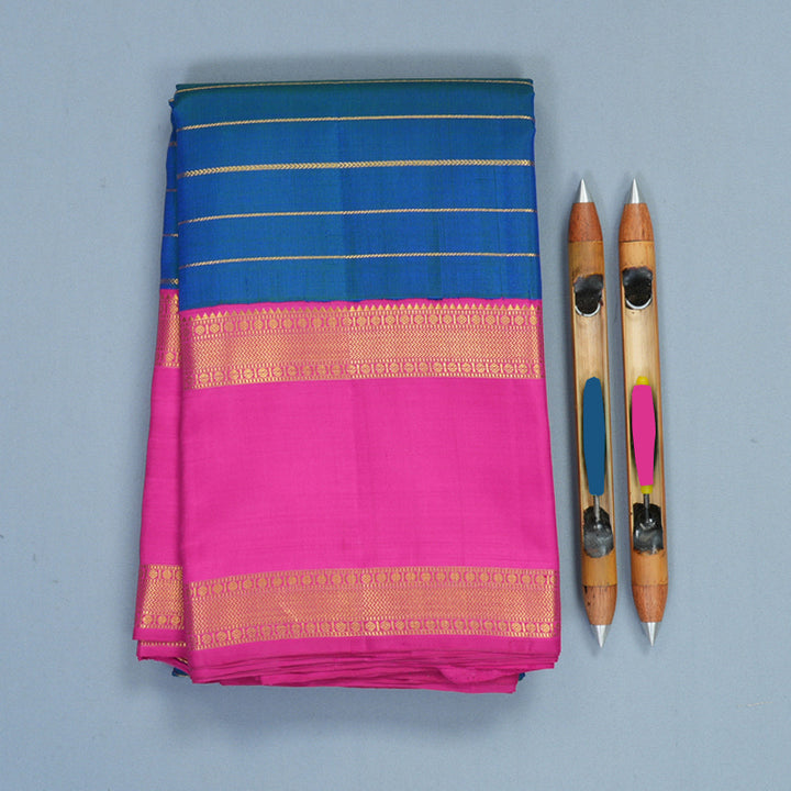 Hayagrivas Handloom Peacock Blue Kanjivaram Silk Saree with Rani Pink Border KBF499F9-2