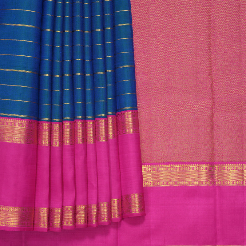 Hayagrivas Handloom Peacock Blue Kanjivaram Silk Saree with Rani Pink Border KBF499F9-2