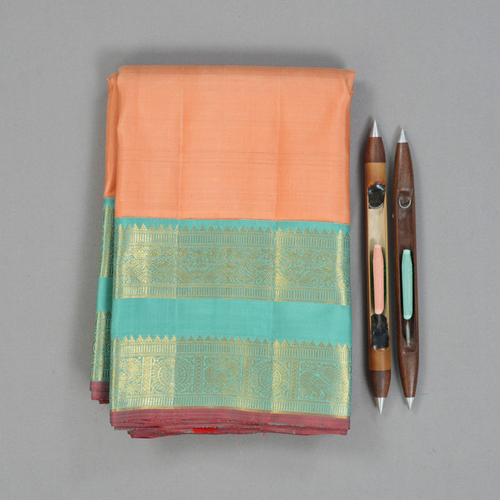Hayagrivas Handloom Peach Orange Kanjivaram Silk Saree with Teal Border KBF4D2-1