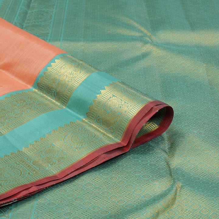 Hayagrivas Handloom Peach Orange Kanjivaram Silk Saree with Teal Border KBF4D2-1