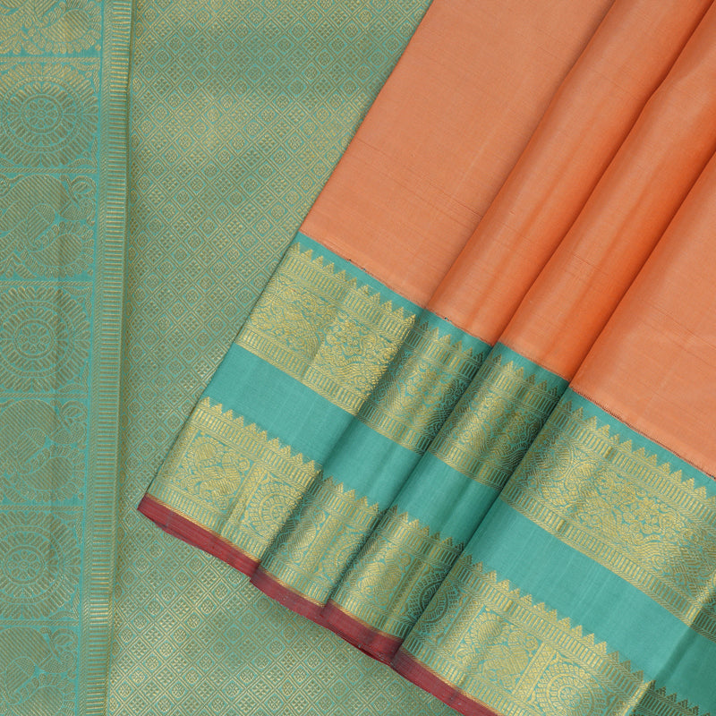 Hayagrivas Handloom Peach Orange Kanjivaram Silk Saree with Teal Border KBF4D2-1