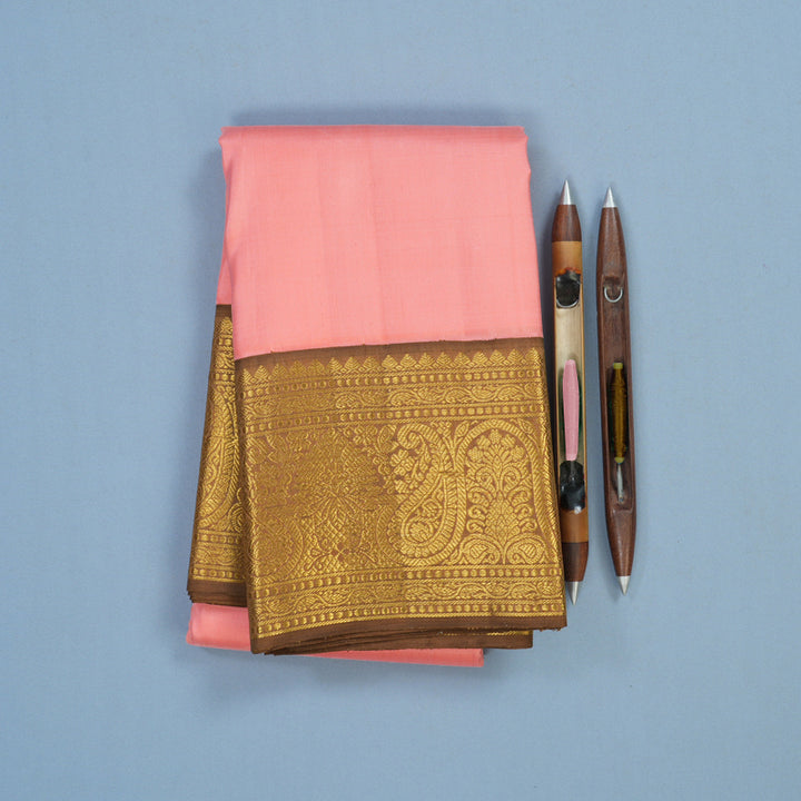 Hayagrivas Handloom Peach Pink Kanjivaram Silk Saree with Golden Brown Border KBF4D2-3