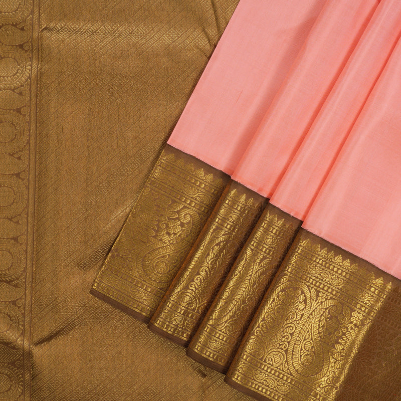 Hayagrivas Handloom Peach Pink Kanjivaram Silk Saree with Golden Brown Border KBF4D2-3