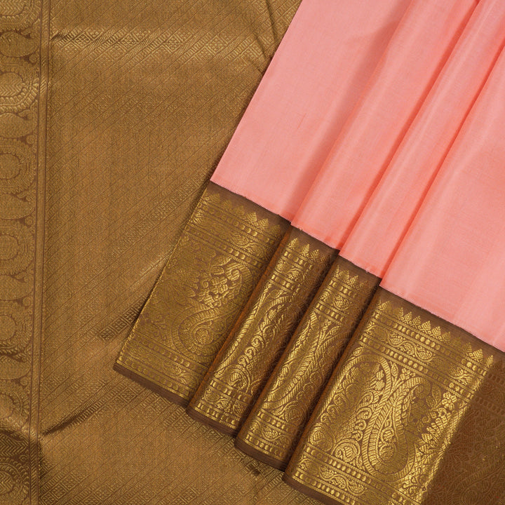 Hayagrivas Handloom Peach Pink Kanjivaram Silk Saree with Golden Brown Border KBF4D2-3