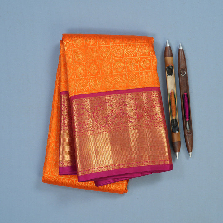 Hayagrivas Handloom Orange Kanjivaram Silk Saree with Magenta Border KBF4D6-1
