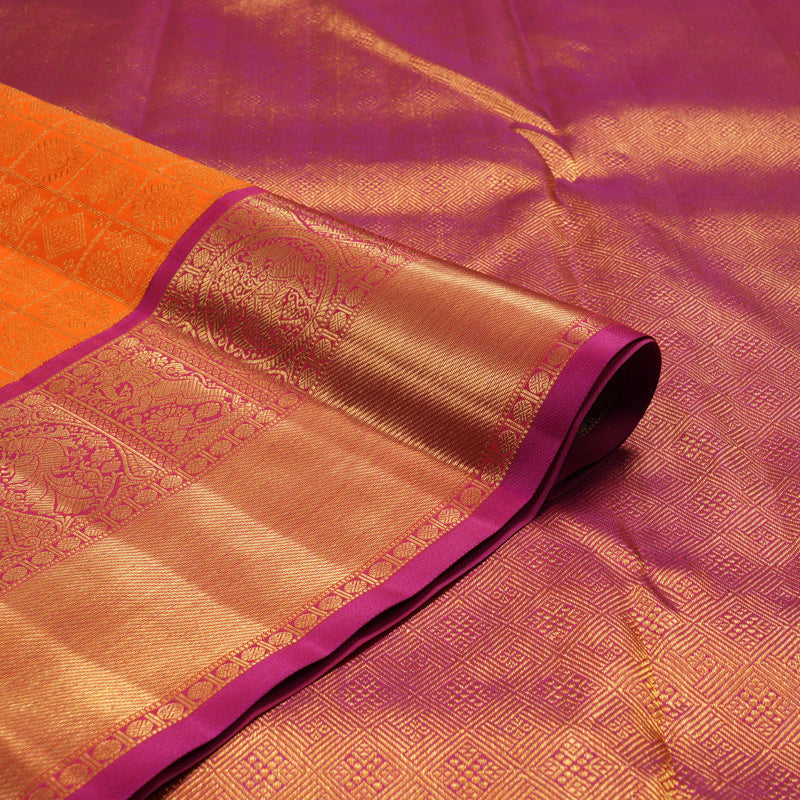 Hayagrivas Handloom Orange Kanjivaram Silk Saree with Magenta Border KBF4D6-1