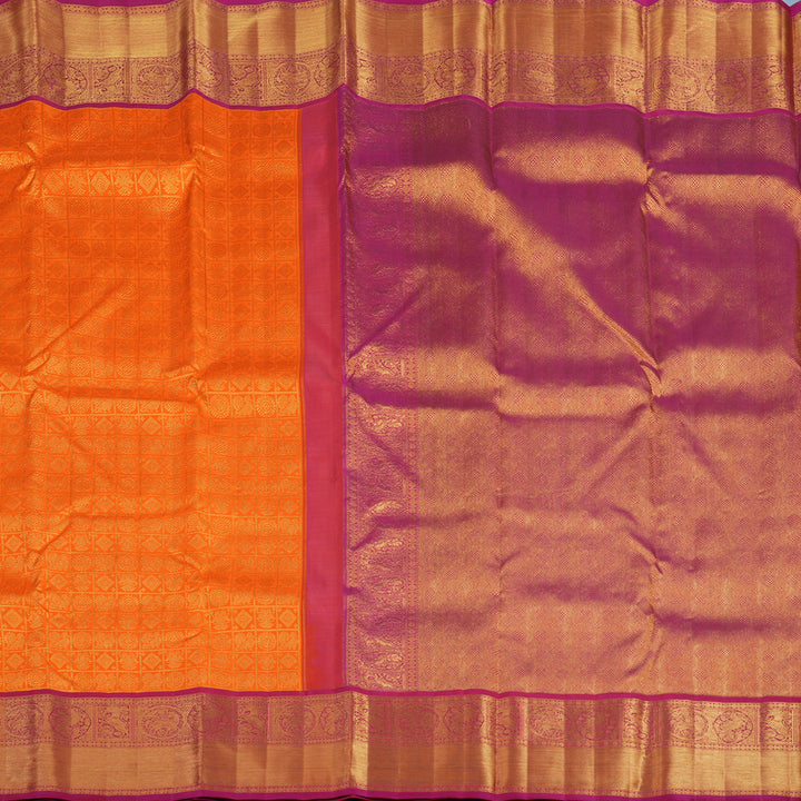 Hayagrivas Handloom Orange Kanjivaram Silk Saree with Magenta Border KBF4D6-1