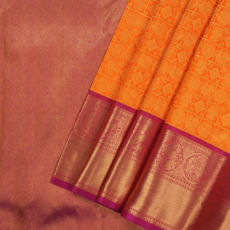 Hayagrivas Handloom Orange Kanjivaram Silk Saree with Magenta Border KBF4D6-1