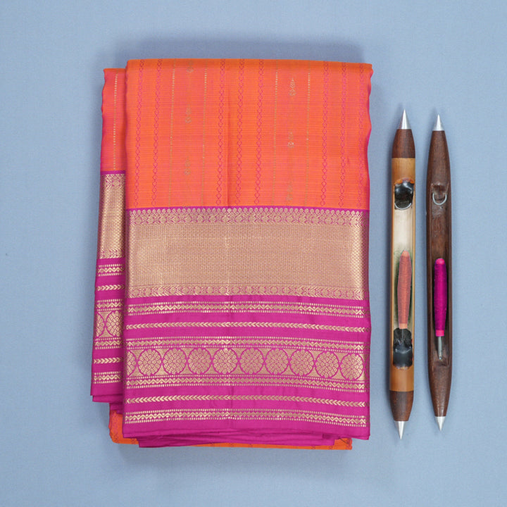 Hayagrivas Handloom Orangish Pink Kanjivaram Silk Saree with Magenta Border KBF500F14-1