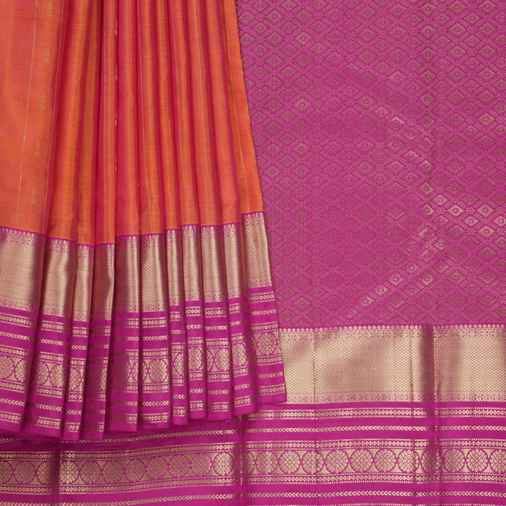 Hayagrivas Handloom Orangish Pink Kanjivaram Silk Saree with Magenta Border KBF500F14-1