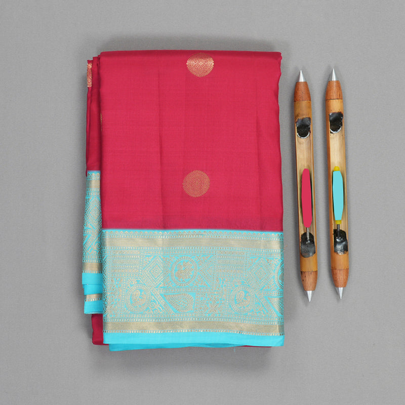 Hayagrivas Handloom Dark Pink Kanjivaram Silk Saree with Sky Blue Border KBF500F15-5