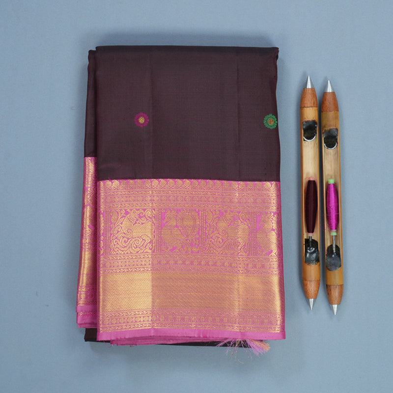 Hayagrivas Handloom Deep Snuff Kanjivaram Silk Saree with Rose Pink Border KBF502F3-1