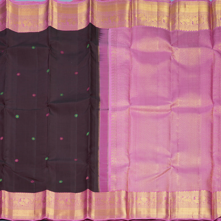 Hayagrivas Handloom Deep Snuff Kanjivaram Silk Saree with Rose Pink Border KBF502F3-1