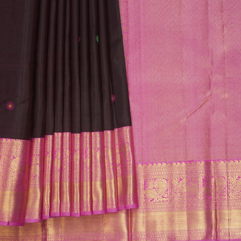Hayagrivas Handloom Deep Snuff Kanjivaram Silk Saree with Rose Pink Border KBF502F3-1