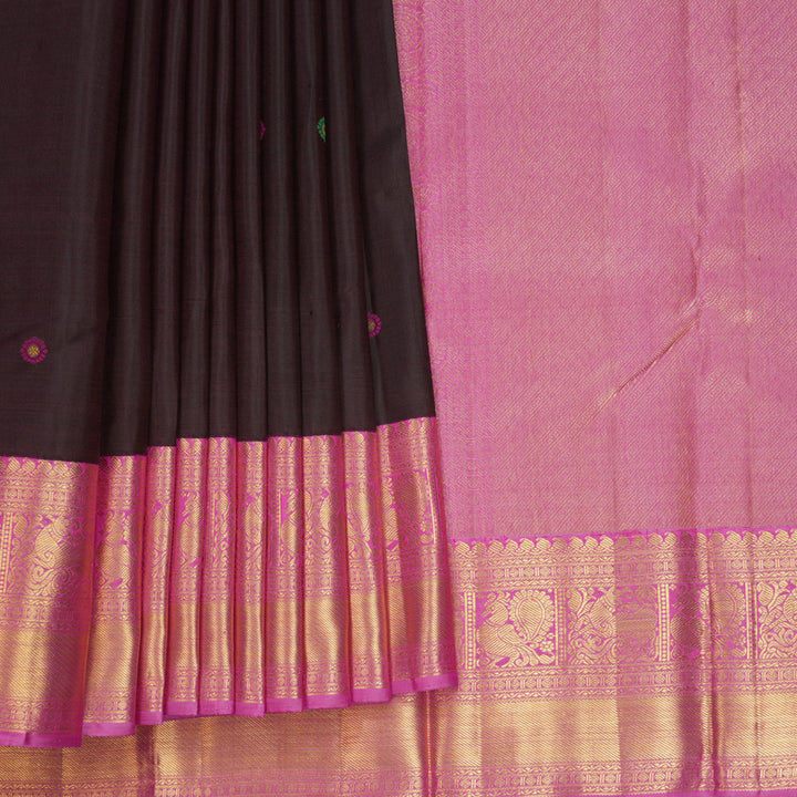 Hayagrivas Handloom Deep Snuff Kanjivaram Silk Saree with Rose Pink Border KBF502F3-1