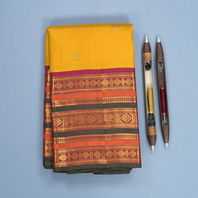 Hayagrivas Handloom Mustard Yellow Kanjivaram Silk Saree with Maroon, Rust and Manthalir Border KBF503F3-1