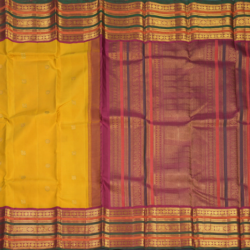 Hayagrivas Handloom Mustard Yellow Kanjivaram Silk Saree with Maroon, Rust and Manthalir Border KBF503F3-1