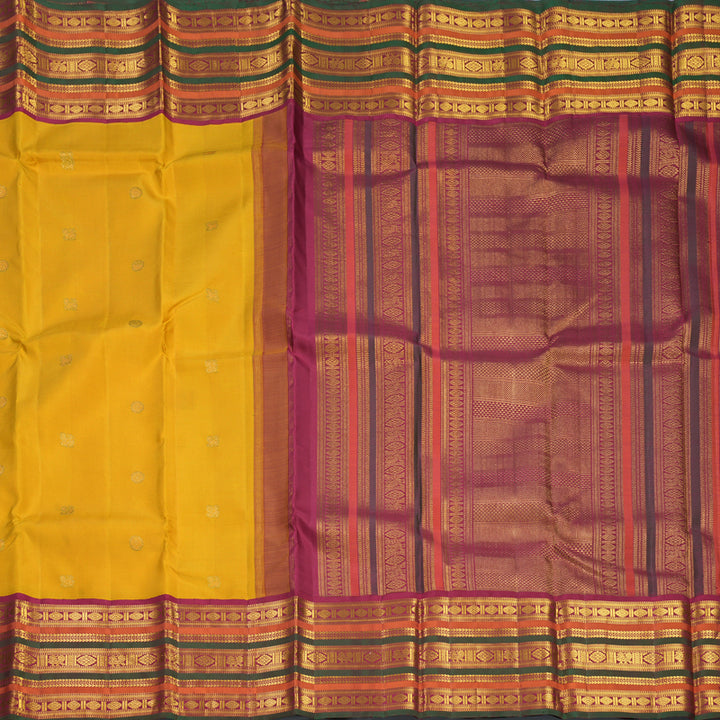 Hayagrivas Handloom Mustard Yellow Kanjivaram Silk Saree with Maroon, Rust and Manthalir Border KBF503F3-1