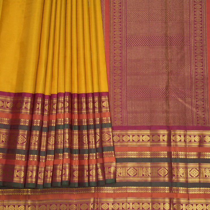 Hayagrivas Handloom Mustard Yellow Kanjivaram Silk Saree with Maroon, Rust and Manthalir Border KBF503F3-1